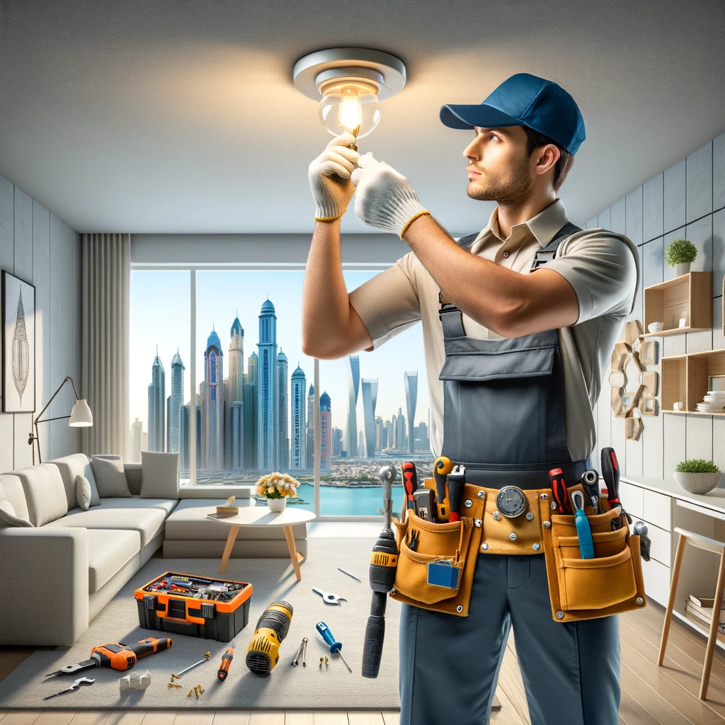 Professional handyman completing repairs and fixture installation in a Dubai office