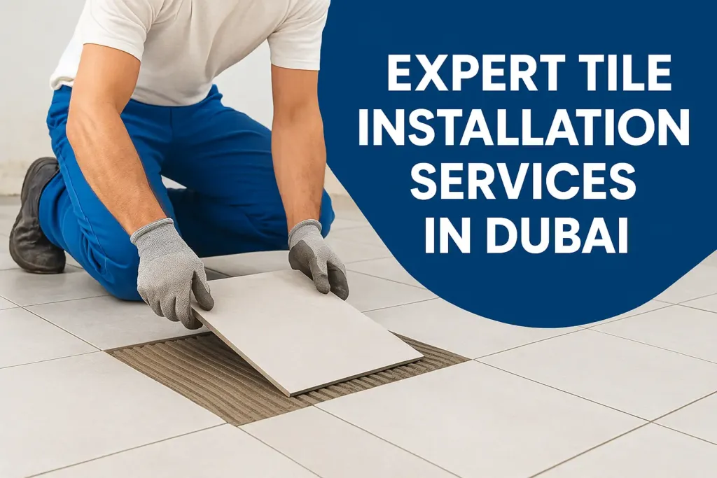 Professional tile fixing contractor installing ceramic tiles in Dubai villa