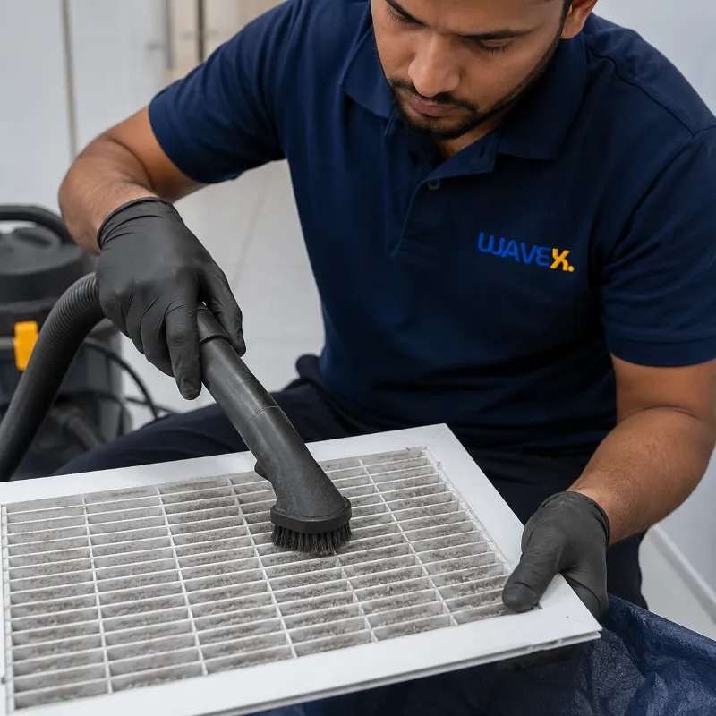 Wavex technician performing AC duct cleaning in Dubai
