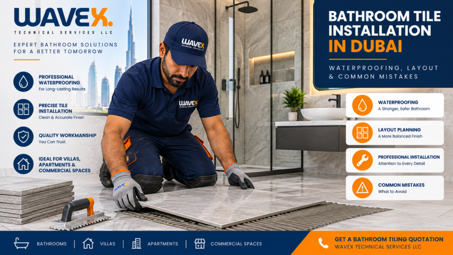 Wavex technician carrying out bathroom tile installation in Dubai