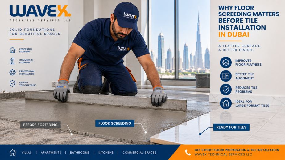 Wavex technician carrying out floor screeding before tile installation in Dubai