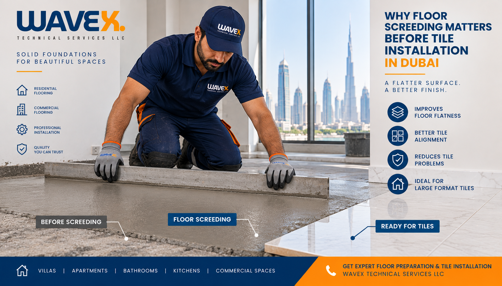 Wavex technician carrying out floor screeding before tile installation in Dubai