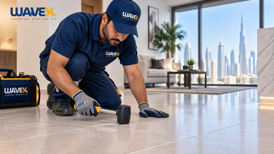 Technician inspecting hollow floor tiles in Dubai