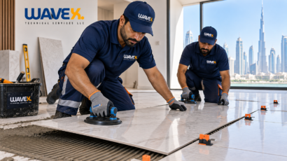 Wavex technicians installing large format porcelain tiles in Dubai