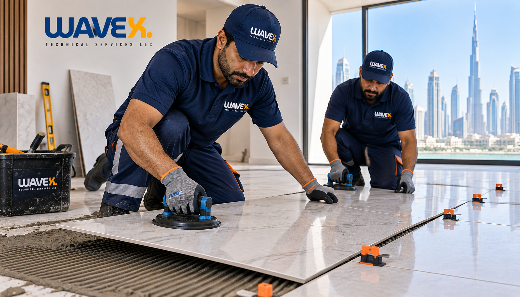 Wavex technicians installing large format porcelain tiles in Dubai