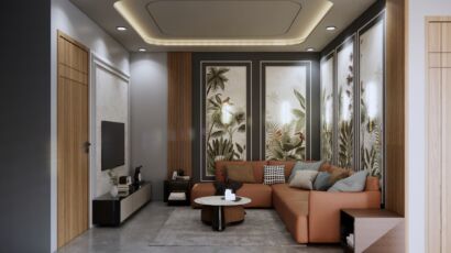 Modern gypsum false ceiling design with ambient lighting in a Dubai home