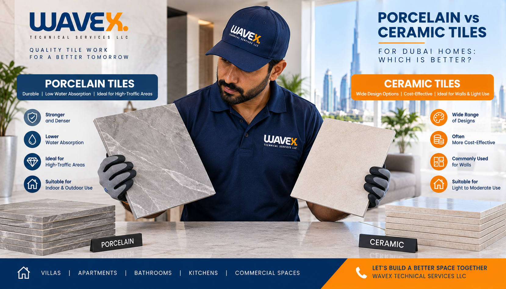 Wavex comparison of porcelain vs ceramic tiles for Dubai homes