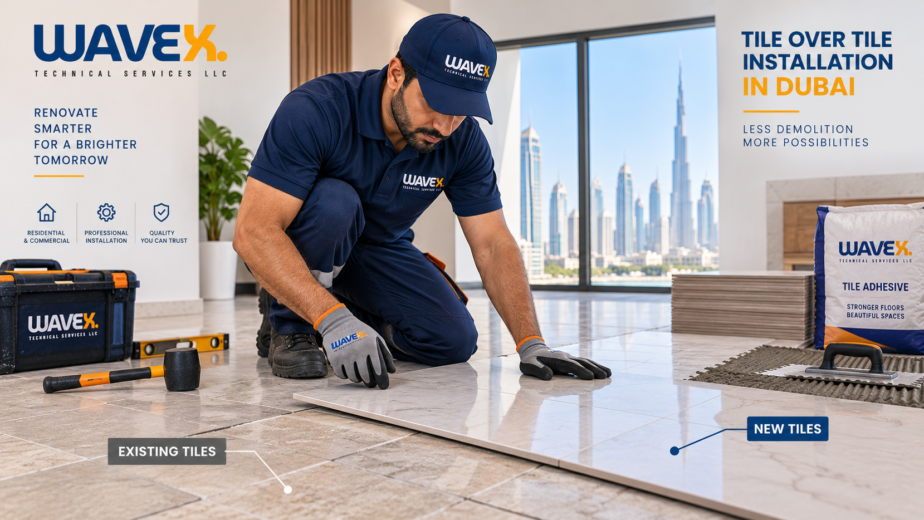 Wavex technician carrying out tile over tile installation in Dubai
