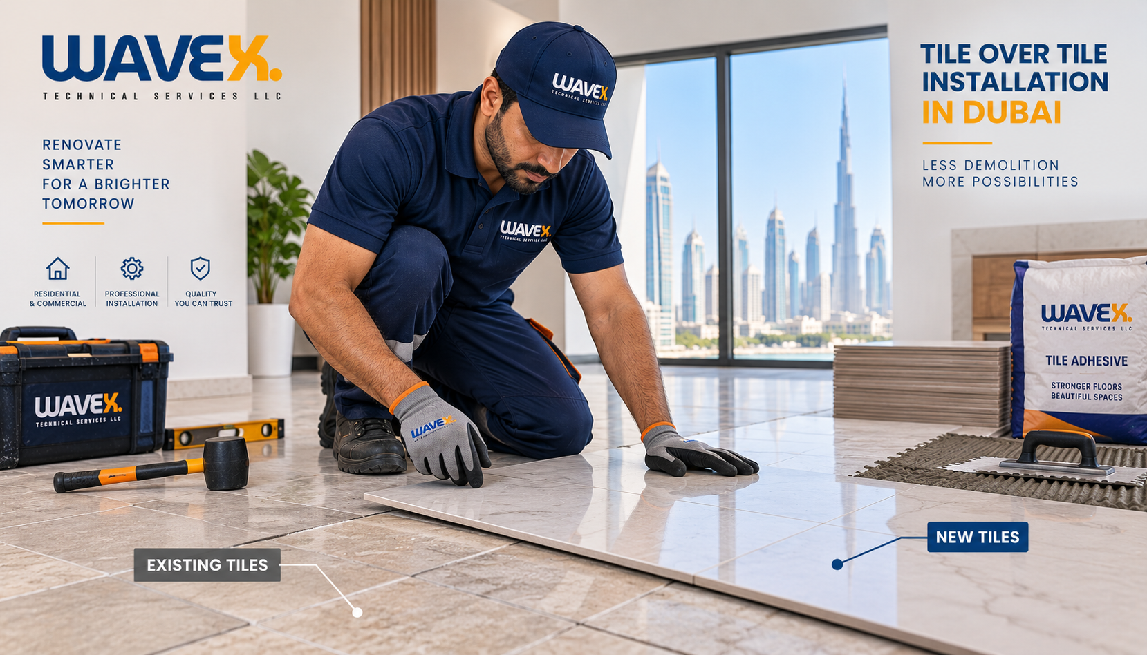 Wavex technician carrying out tile over tile installation in Dubai